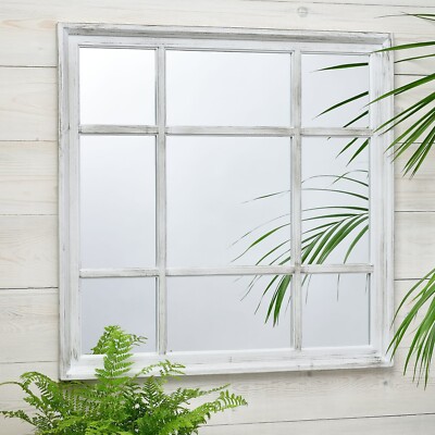 RUSTIKALE OPTIK WEISS FENSTER WANDSPIEGEL VERZAUBERT QUADRATISCH FLUR MANTEL 61x61cm