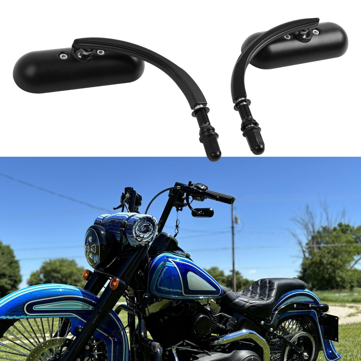 Oval Side Mirrors Rearview Black For Harley Softail Slim Dyna Softail Heritage