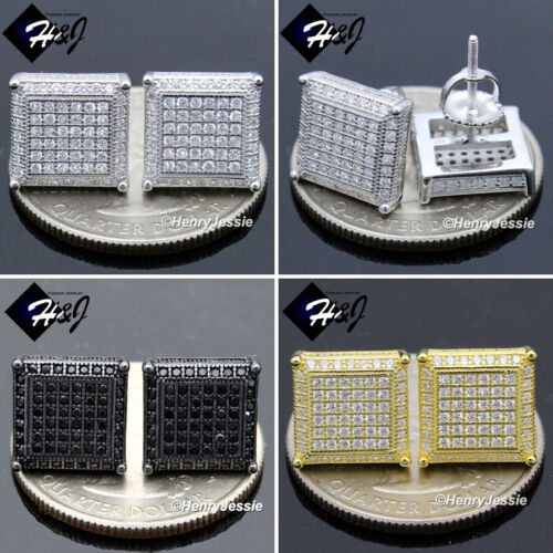 MEN 925 STERLING SILVER ICY CZ 10MM GOLD/BLACK PLATED/SILVER 3D STUD EARRING*196 - Picture 1 of 8