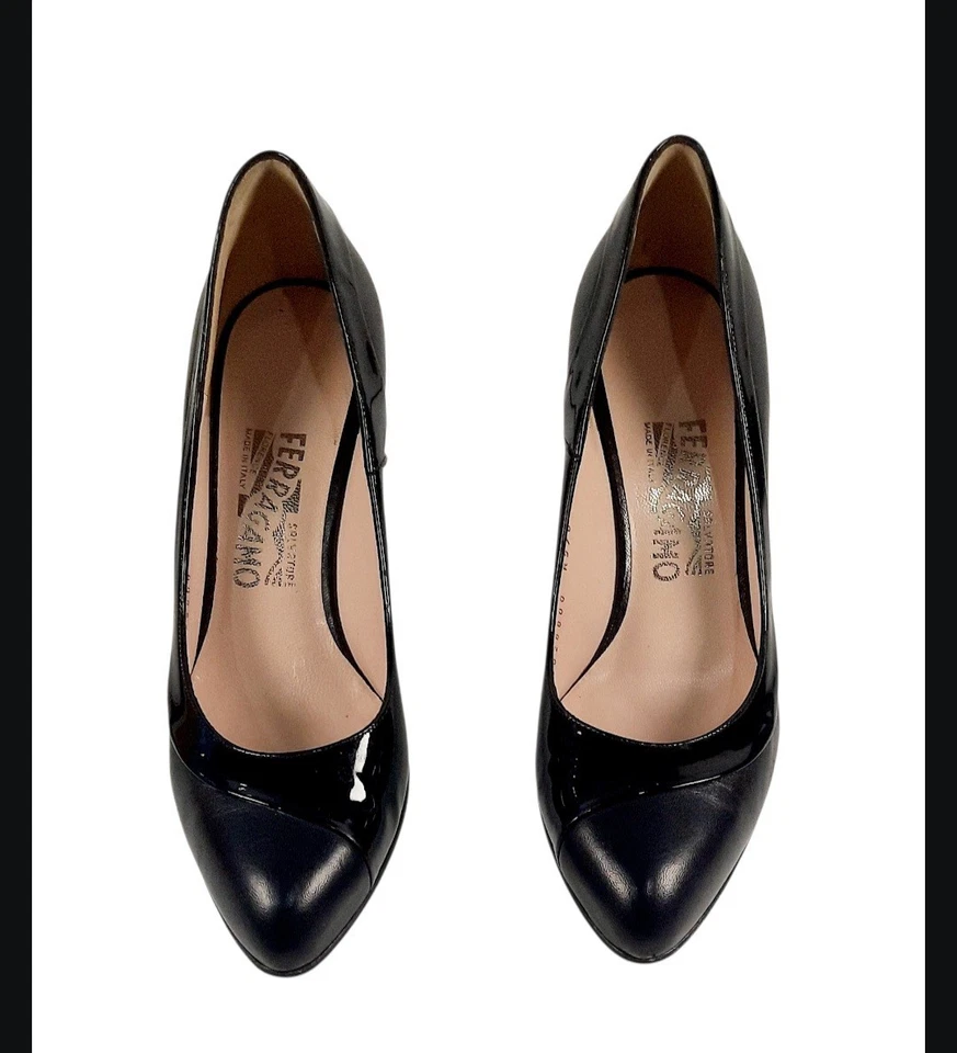Black Salvatore Ferragamo Leather and Patent Leather Pumps. Size 7.5B - Image 2 of 4