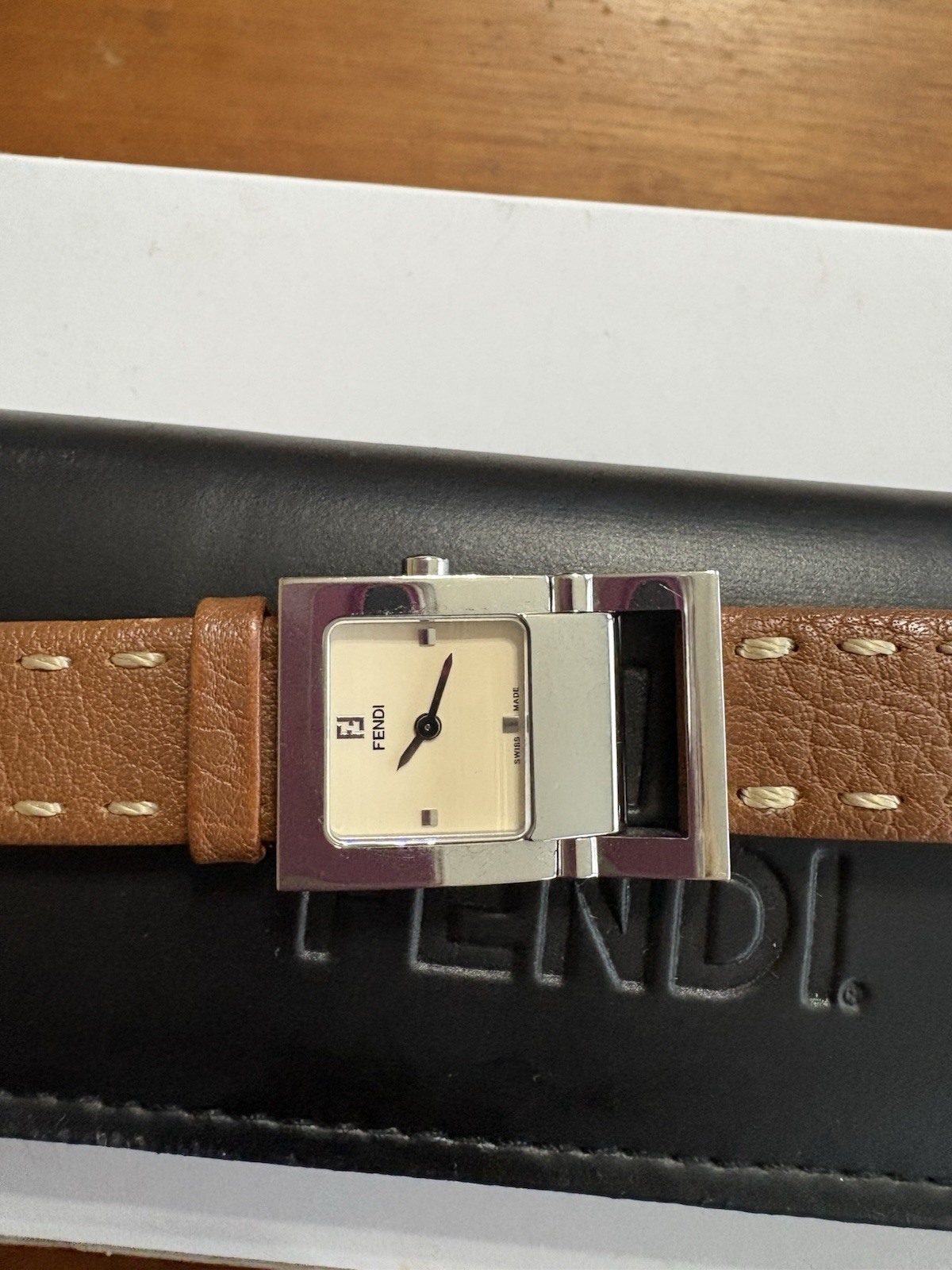 Fendi rectangular silver-tone watch with a tan le… - image 5