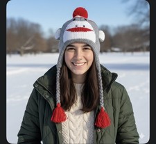 Sock Monkey Knit Trapper Beanie Braided Tassels Pom-Pom Grunge Earflap Hat Gray