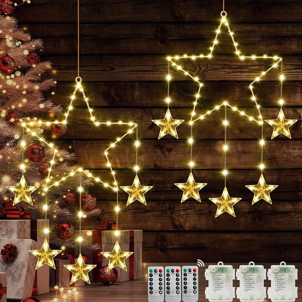 LED Fensterdeko Weihnachten Beleuchtet, 2 StüCk Batterie 62 Leds Sterne-image