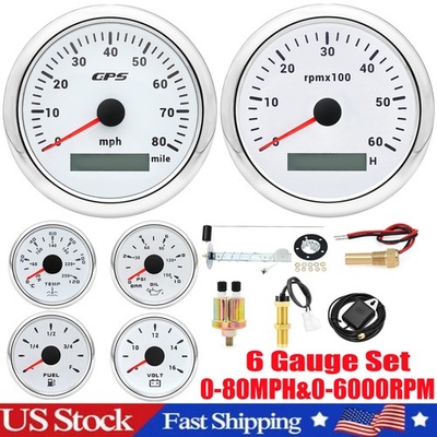 #ad 6 Gauge Set 85mm White GPS Speedometer 80MPH Tacho 6000RPM Waterproof for Boat $155.28