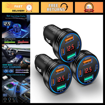 65W USB C Car Charger 3-Pack, Fast Charge PD/QC 3.0, Multi Port Cigarette Lighte