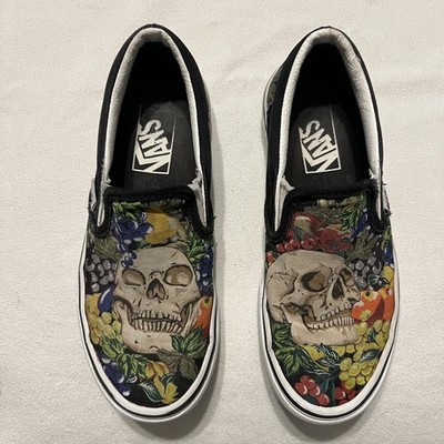 VANS Womens 6 Mens 4.5 Slip-On Sneakers Fruit Skull Graphic Canvas Skate Shoes