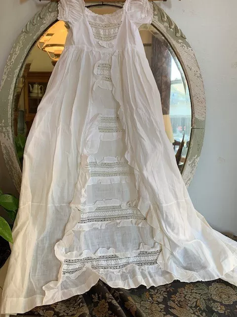 ANTIQUE Long Christening GOWN French Lace Embroidered Dress VICTORIAN Edwardian