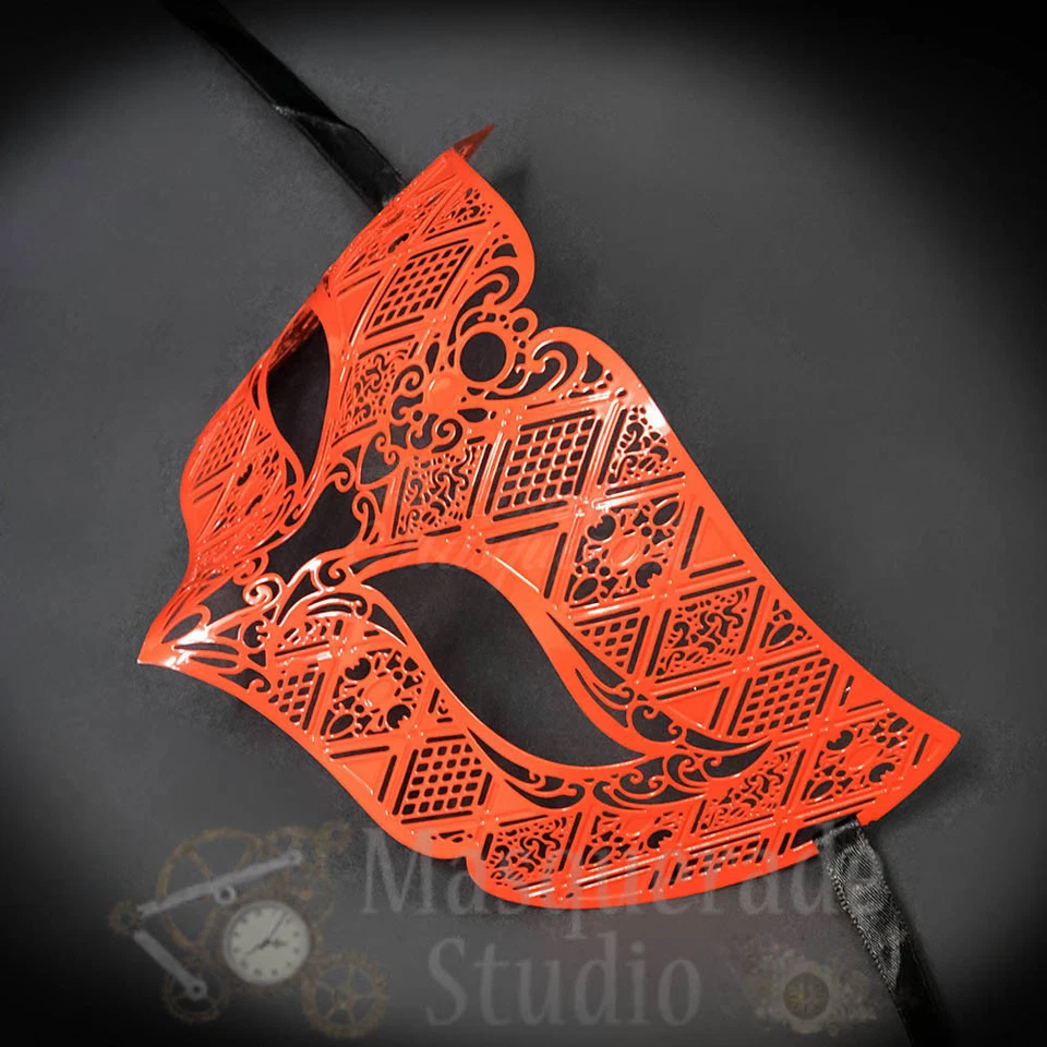 Mens Unisex Simplistic Filigree Light Metal Mardi Gras Masquerade Mask [Red] - Image 3 of 4