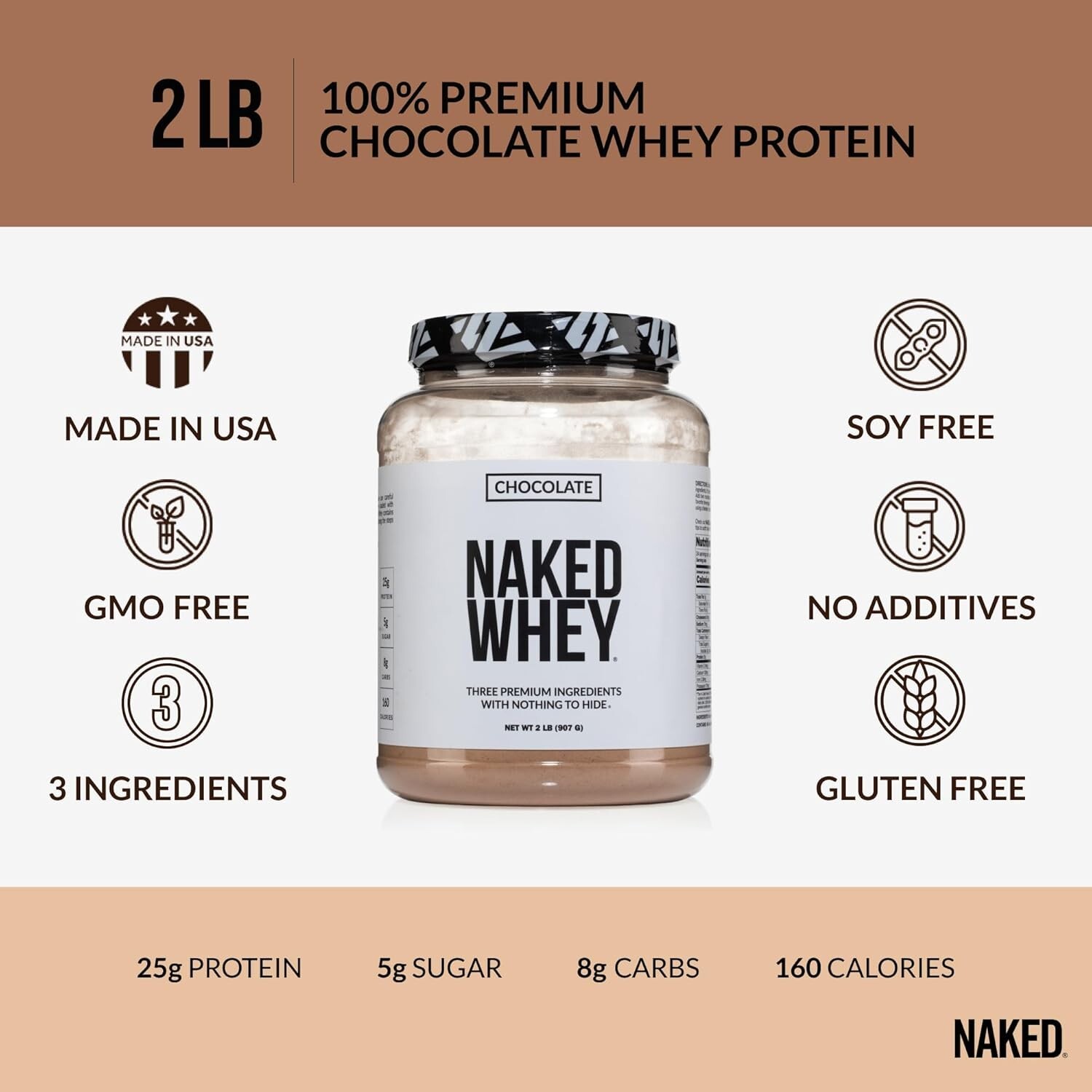 Naked Whey Chocolate Protein Powder, Only 3 Ingredients, Grass Fed Whey Protein