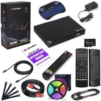 vSeeBox V3 Pro   LED Strip, Cable Ties, CAT6, HDMI, SD Card, Air Mouse, Keyboard