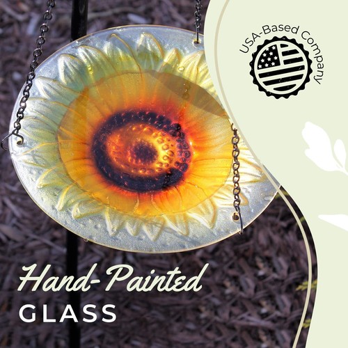 Handpainted Glass Hanging Bird Bath W/chain & Hook Attracts Birds Easy To Instal - Picture 5 of 7