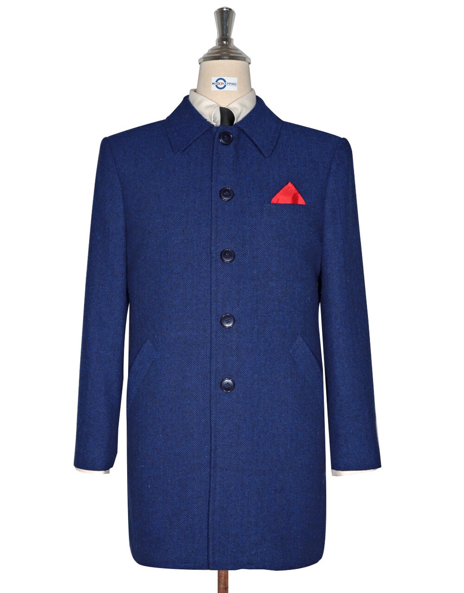 Mac Coat Men's Vintage Style Blue Herringbone Mac Coat UK