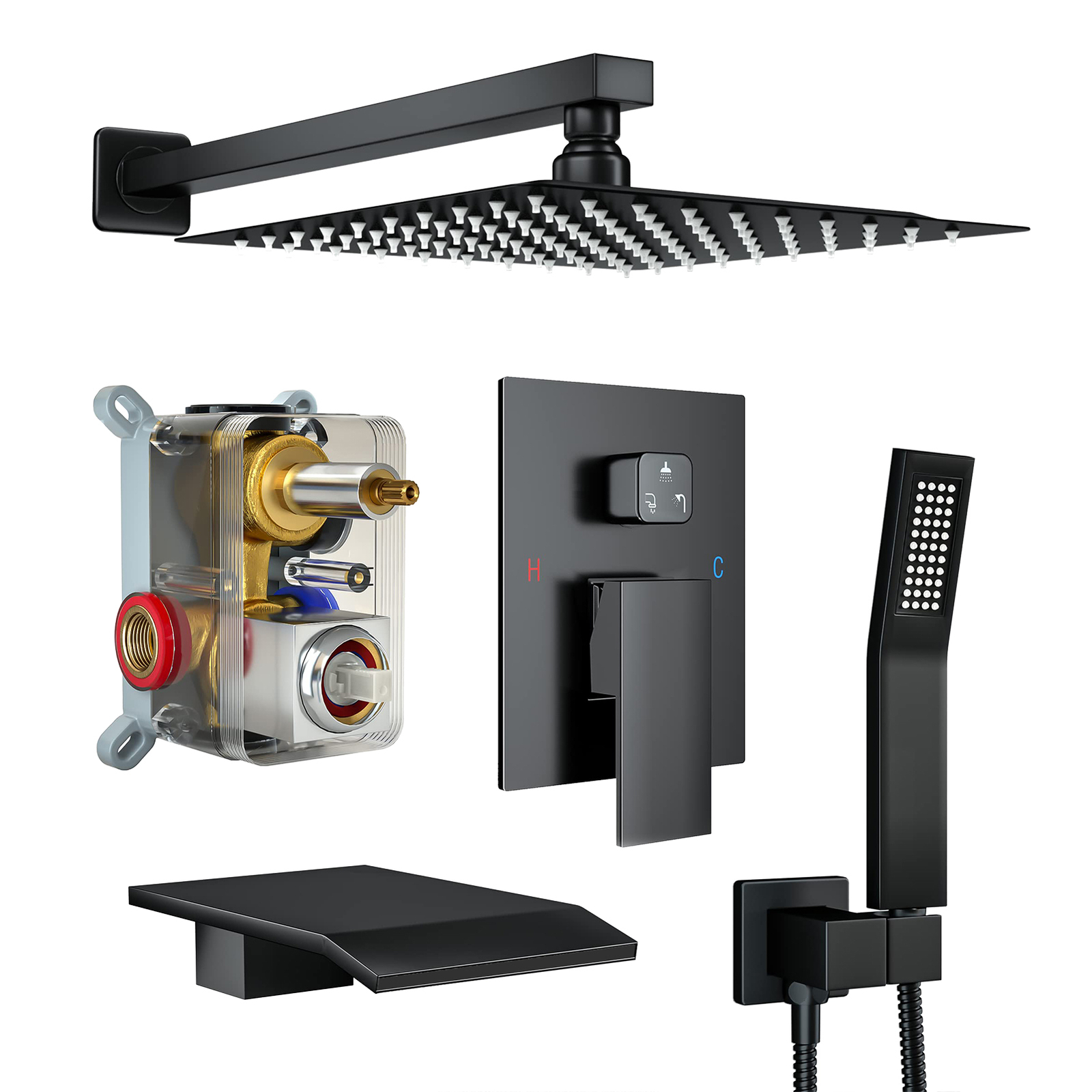 Shower Faucet Set Mixer Valve Rain Shower Head Combo System with Tub Spout NEW