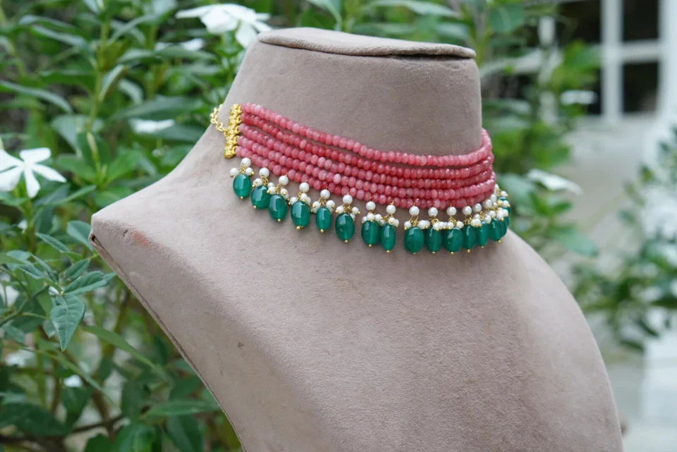 Handmade Pink & Green Onyx Beads Layering Choker Pearls Necklace Women's Jewelry - Imagem 4 de 4