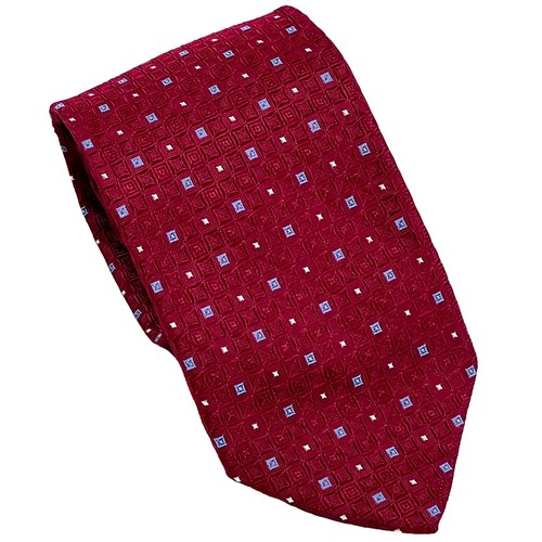 ROBERT TALBOTT Red Silk Woven Necktie with Yellow And Blue Mini Squares - Picture 2 of 9