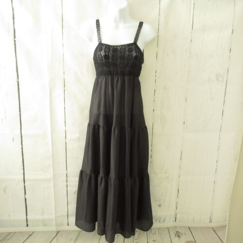Vintage Pippa Dee Slip 34 36 S M Black Lace Tiered Ruffle Dress Nightgown
