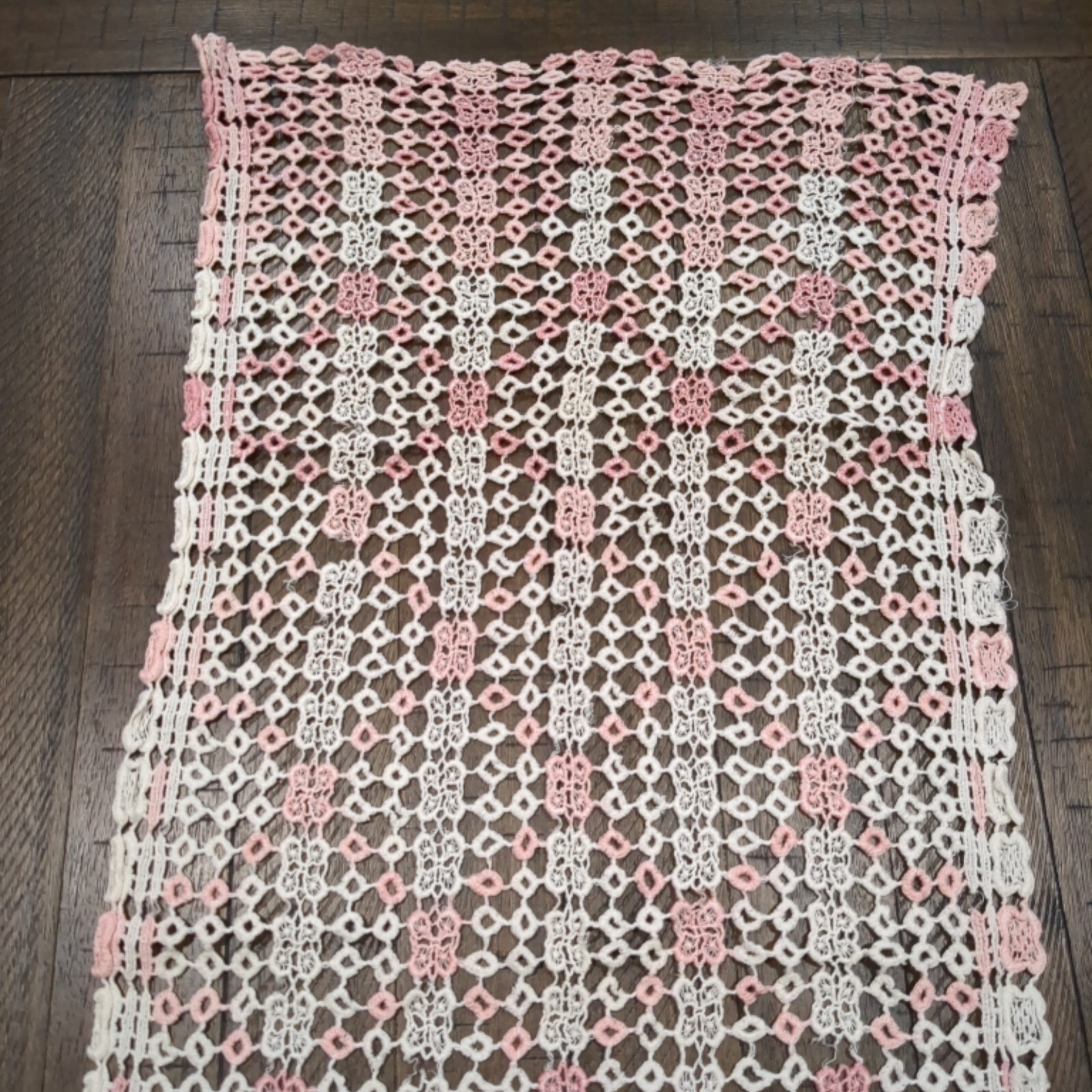 Vintage Crochet or Knitted Dresser Scarf Table Runner White Pink 35"x16"