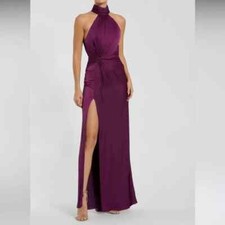 NWT Mac Duggal 11642 Long Satin Ruched Evening Gown‎ 12 Open Back High Neck Plum