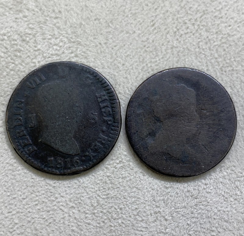 Spain 8 Maravedis King Fernando VII 1816 La Reina 2 Coin Lot Circulated Copper