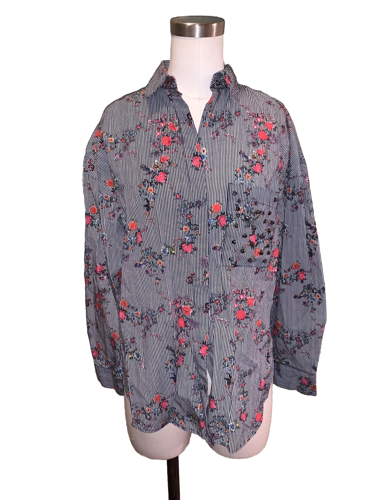 Zara Basic Striped Floral Print Button Up Blouse … - image 1