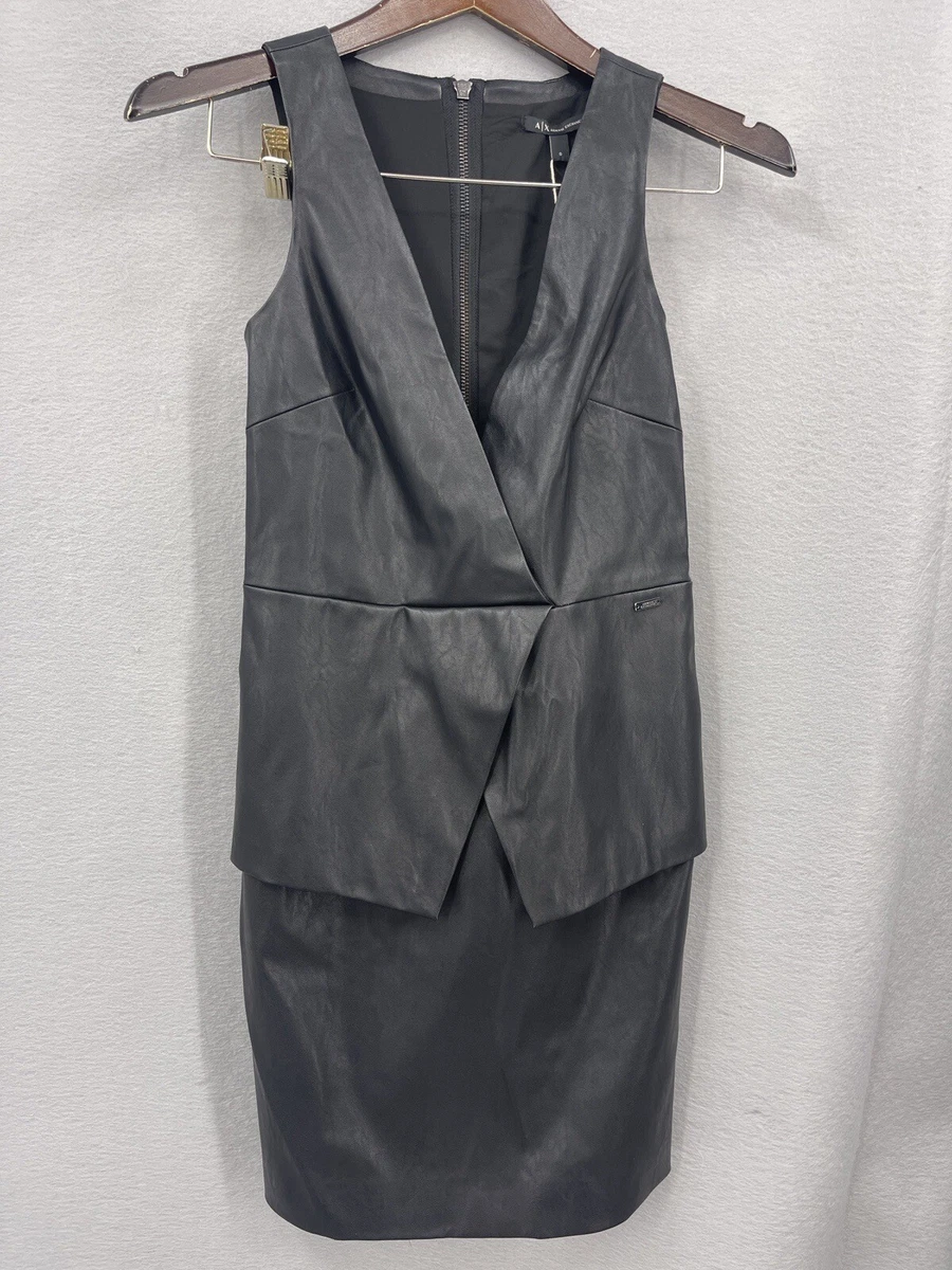 Armani Exchange V Neck Mini Dress Womens 0 Vegan Leather Moto Logo