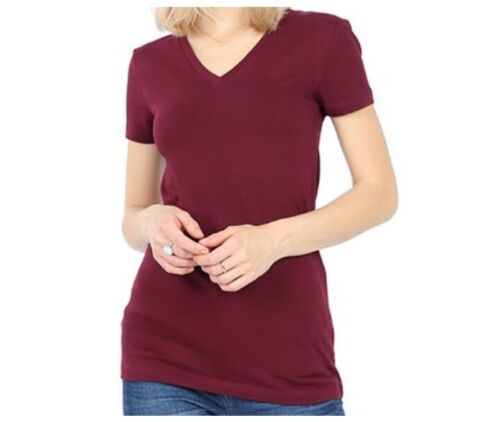 T-shirt à manches courtes en coton V Zenana Basic pour femmes ajusté plusieurs couleurs - Photo 1 sur 21