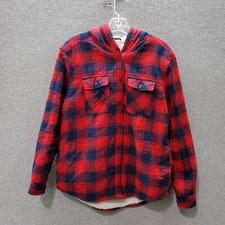 Boston Traders Women Jacket Medium Red Plaid Hooded Shacket Sherpa Lined