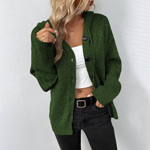 New drawstring knitted cardigan jacket hooded single breasted sweater for women - Picture 18 of 29