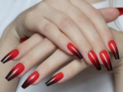 Ain Katy Faux Ongles 24P Devil's Advocate Rouge Noir Ombre Ballerine Flexy Gel - Photo 1/4