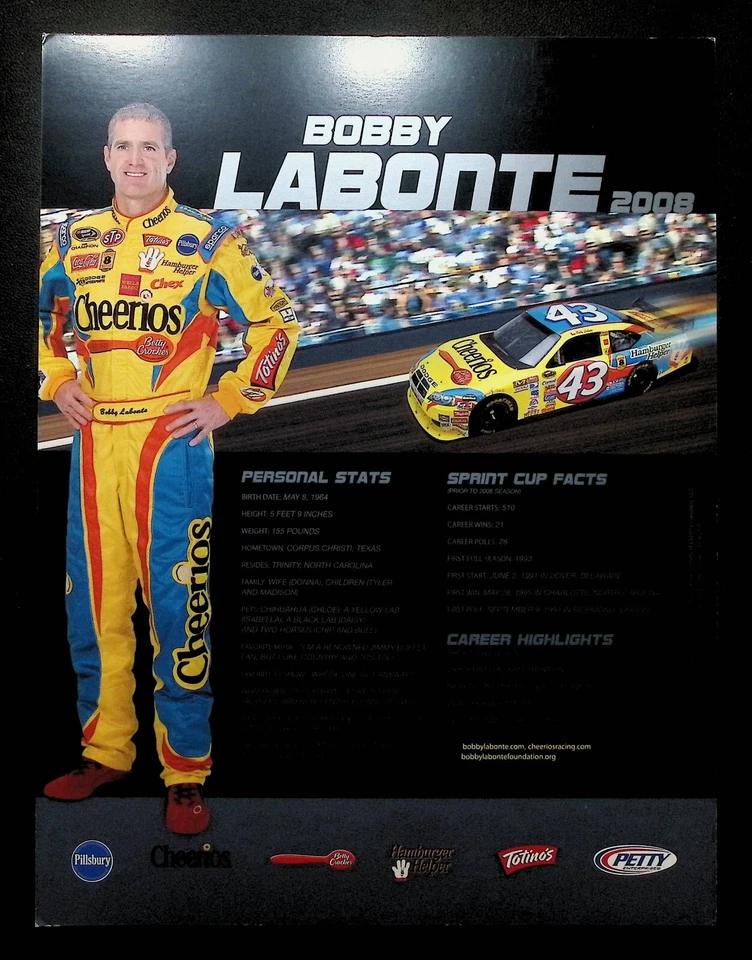 Bobby Labonte Cheerios NASCAR Autographed 8.5x11 2008 Promo Card w/COA WWE2-102 - Image 3 of 3