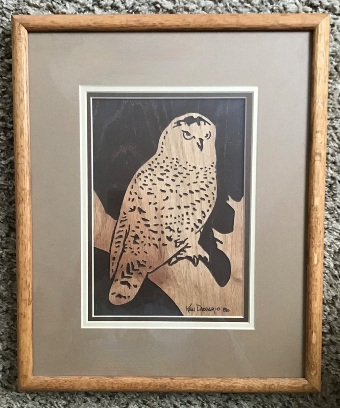 OWLS! Large framed carved SNOWY OWL by Ken Daddario 1986 signed 1 owner, history