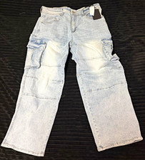 Pipeline Men's Baggy Fit Light Wash Denim Cargo Jeans Light Blue Cotton Pockets