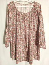 Lands End-White Red Green Pink Black Floral 3/4 Sleeve Round Neck Top-1X