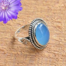Aqua Chalcedony Gemstone 925 Sterling Silver Handmade Jewelry Ring Gift For