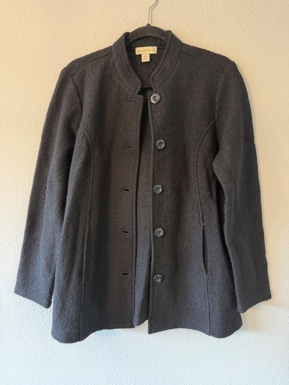 Appleseed's Jacket Womens Medium Black  100% Wool Button Front Not Lined