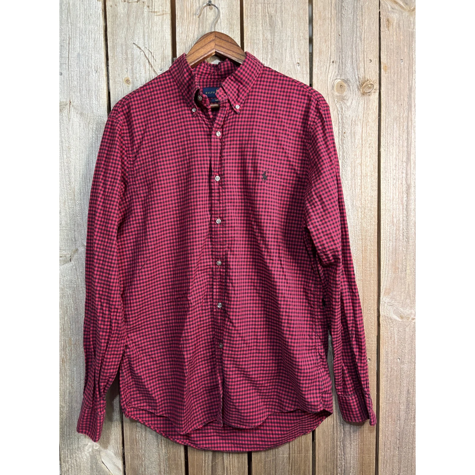 Ralph Lauren Mens Slim Fit Gingham Button Down Shirt Red Black Cotton Large