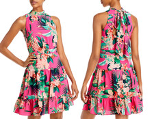 NWT ELIZA J Pink Paradise Mini Dress 4P Halter Floral Tiered Hem EJOP6058