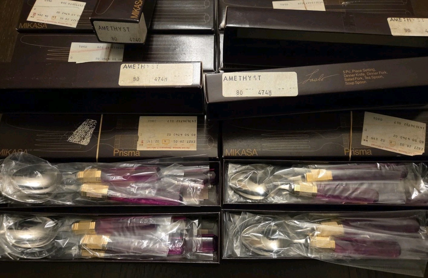 Service For 12 60pc Mikasa Prisma Purple Amethyst Gold Silverware W/ Boxes 