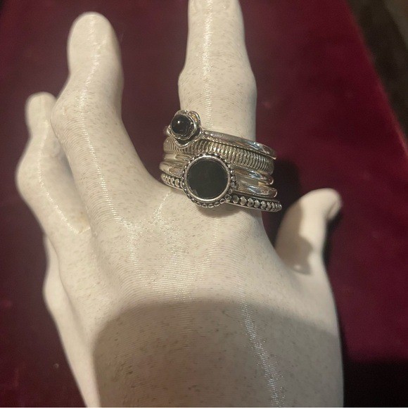 Silver Tone Stackable Statement Ring Set with Bla… - image 3