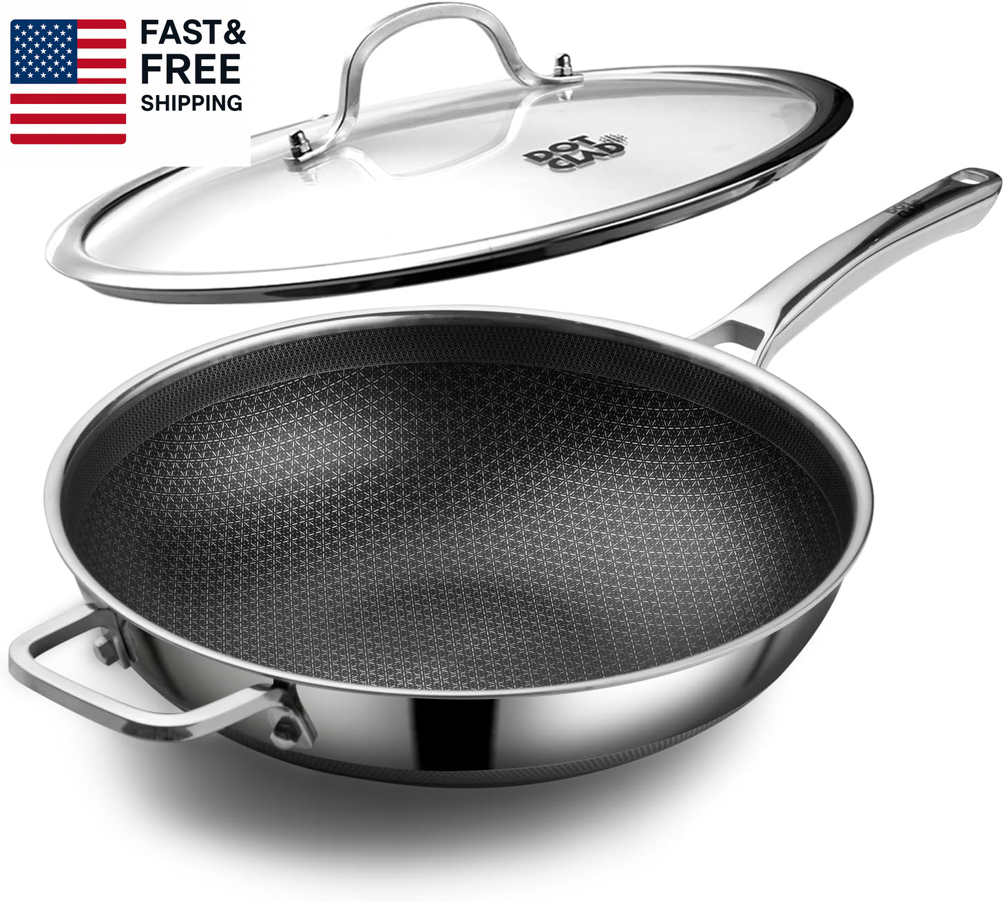 Sartén para wok, wok híbrido de 12 pulgadas con tapa, utensilios de cocina sin PFOA, acero inoxidable antiadherente