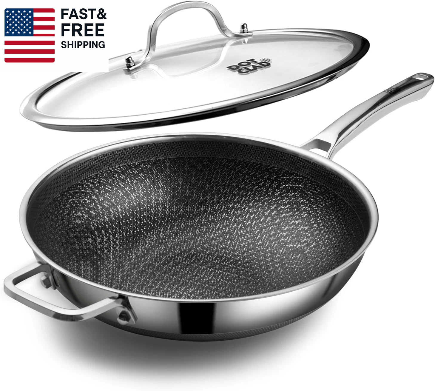 Wok Pan,Hybrid 12 Inch Wok with Lid, PFOA Free Cookware,Non Stick Stainless St