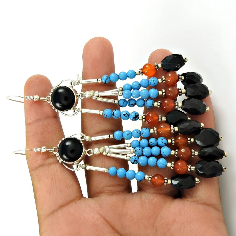 925 Silver Onyx Carnelian Handcrafted Artisan Dangle Christmas Gift Earrings - Image 4 of 4