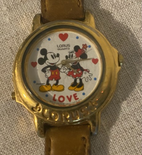 Lorus Quartz Disney Mickey & Minnie Mouse "Love" Watch Brown Leather Band