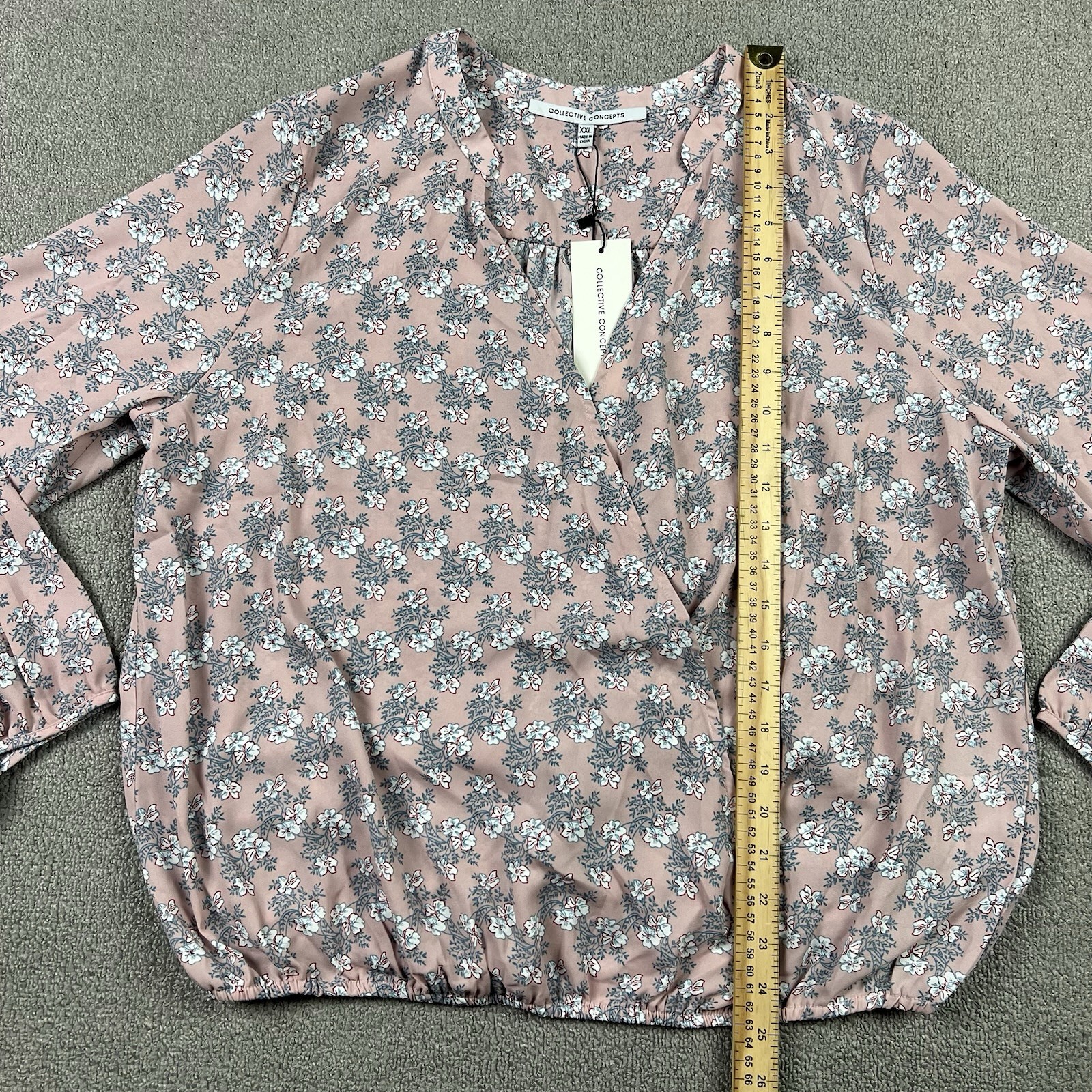 Collective Concepts Women's XXL Pink Floral Long Sleeve Tie Cuffs Surplice Neck