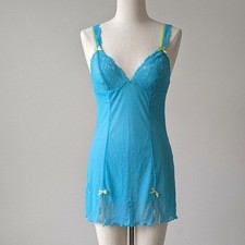 Vintage Y2K Fredericks of Hollywood Blue Lace Mesh Slip Dress Fairy Coquette M