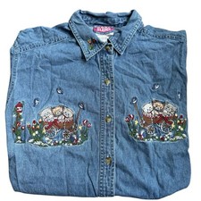 VTG 90  s Shirt Denim CATS Embroidered Short Sleeve Grandma Sz Medium Button