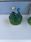 Vintage Jeanette Glass Blue and Green Swan Covered Candy Dish and Lipstick Tray