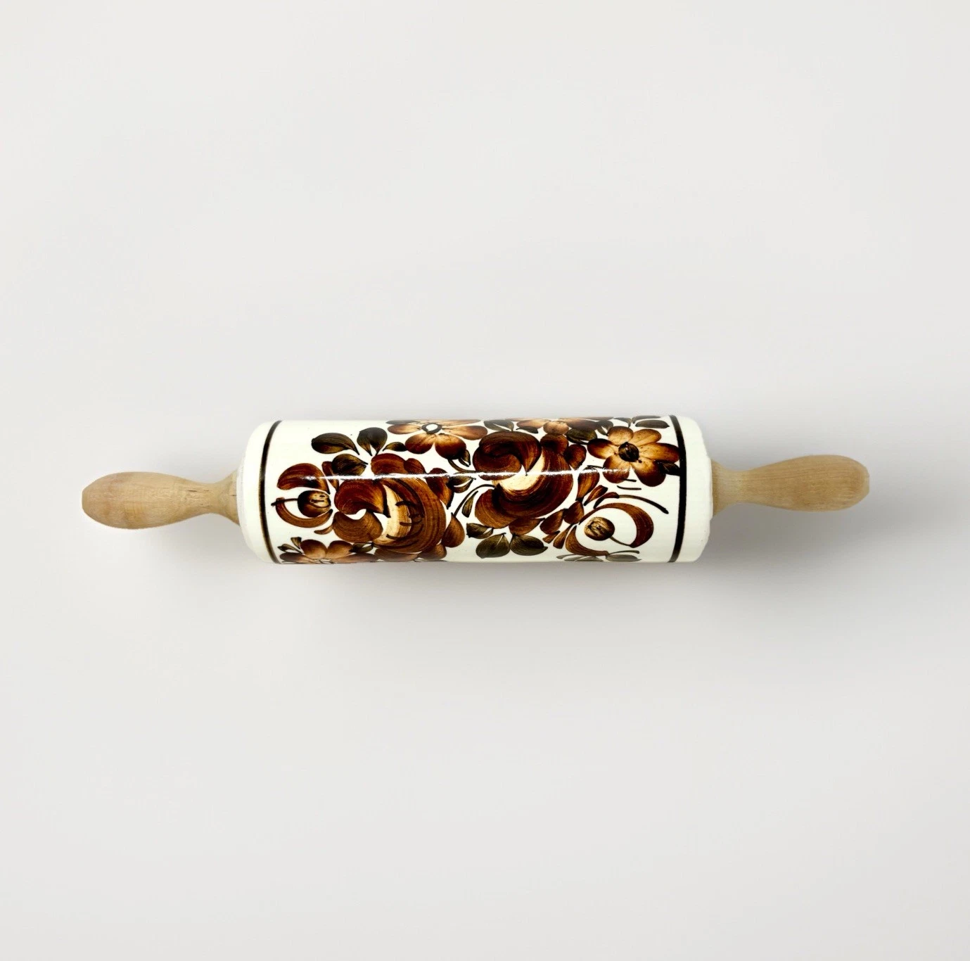 Vintage Ceramic & Wood Rolling Pin Poland 14” Hand painted 70's Cream and Brown