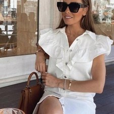 NWT ZARA Denim Prairie Sleeveless Flounced Button Front Shirt Dress M
