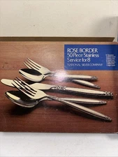 Vintage National Stainless Co. Rose Border Flatware Set Stainless Steel 8 Place